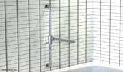 A functional solution for one of the most accident-prone rooms in the home, this shower/bath safety bar integrates a wall mounted grab bar and a pull out bar with a height locking mechanism for entering and exiting the tub. Made of stainless steel, this durable bathroom accessory provides added security to a dangerous environment.<br /><br />Services included: design concepts, design development, engineering, prototyping, photorealistic renderings